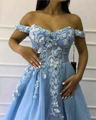 Light Blue Tulle Corset Prom Dresses With Flowers