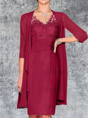 Two Piece Ruffle Chiffon Mother of the Bride Outfit Lace Short Wedding Guest Dress
