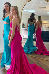 Light Blue Cut Out Spaghetti Straps Satin Long Prom Dress