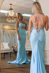 Light Blue Cut Out Spaghetti Straps Satin Long Prom Dress