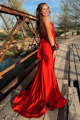 Light Blue Deep V-Neck Mermaid Backless Long Prom Dress