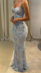 Floral Prom Dresses Mermaid Light Blue Formal Evening Gown Lace