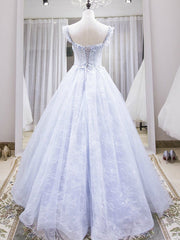 Light Blue Gray Lace Floral Prom Dresses, Blue Gray Lace Formal Graduation Dresses