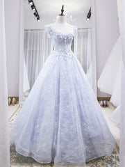 Light Blue Gray Lace Floral Prom Dresses, Blue Gray Lace Formal Graduation Dresses