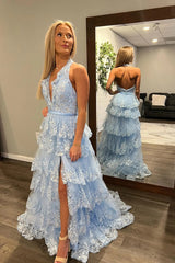 Light Blue Halter Neck Layers Floral Long Prom Dress with Slit TP1273