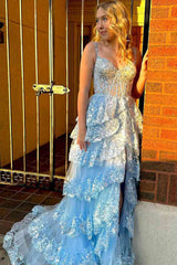 Light Blue Lace Tiered Tulle Long Corset Prom Dresses TP1318