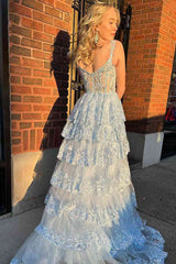Light Blue Lace Tiered Tulle Long Corset Prom Dresses TP1318
