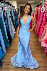 Light Blue Mermaid Halter Ruched Long Prom Dress