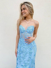 Light Blue Mermaid Lace Prom Dresses, Light Blue Lace Mermaid Formal Evening Dresses