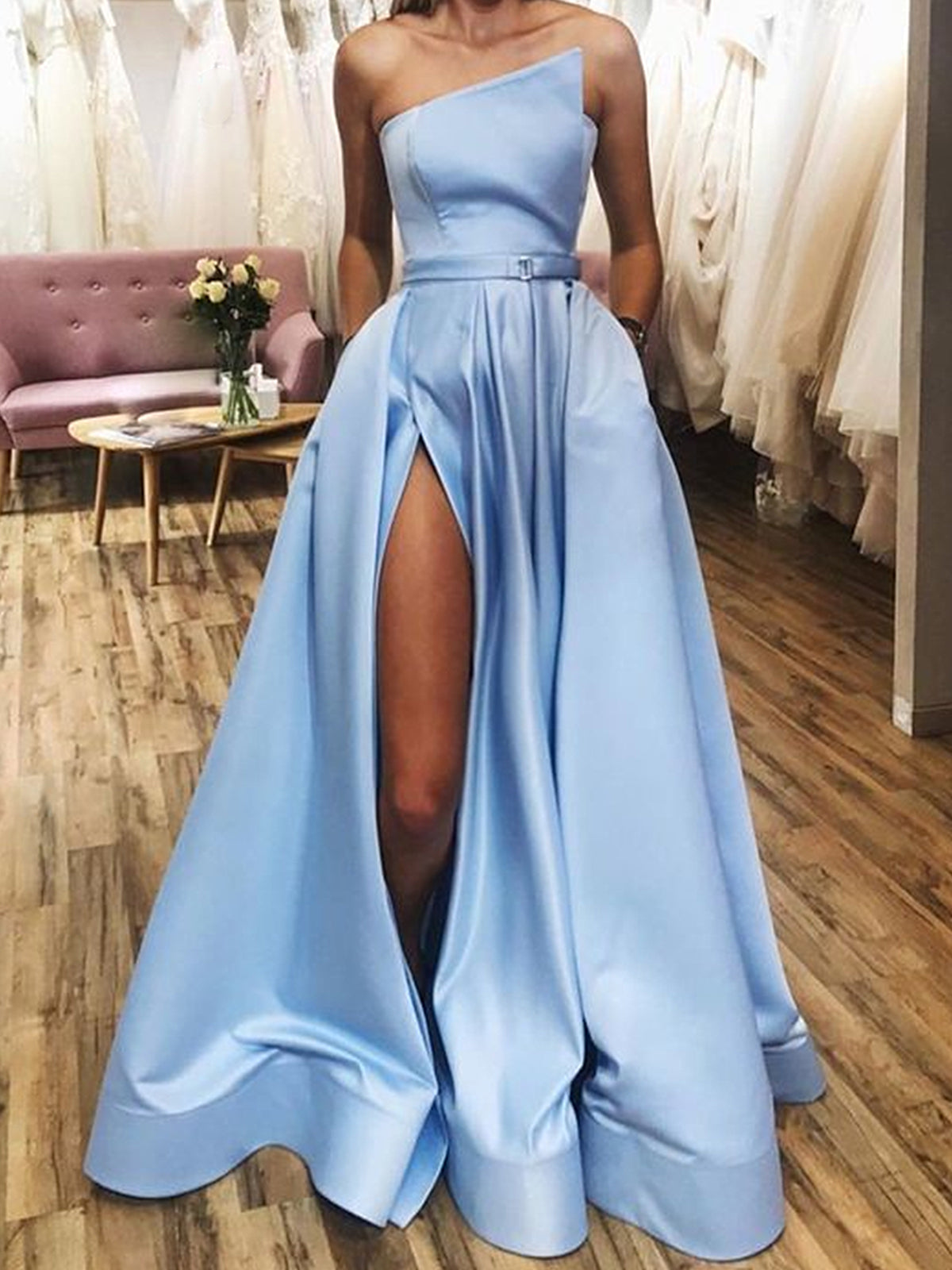 Light Blue Satin Long Prom Dresses, Light Blue Long Satin Long Formal Graduation Dresses