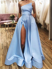 Light Blue Satin Long Prom Dresses, Light Blue Long Satin Long Formal Graduation Dresses