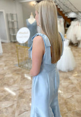 Light Blue Satin Spaghetti Straps Column Long Prom Dress