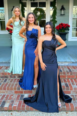 Light Blue Satin Strapless Sheath Long Prom Dress with Slit