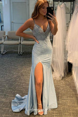 Light Blue Shiny V-neck Spaghetti Strap Mermaid Slit Prom Dresses, CP0877