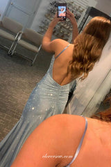 Light Blue Shiny V-neck Spaghetti Strap Mermaid Slit Prom Dresses, CP0877