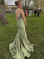 Light Blue Spaghetti Straps Appliques Mermaid Satin Long Prom Dress