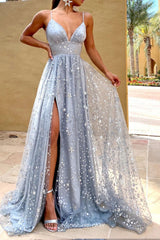 Light Blue Star Sequined Tulle A-line With High Slit Prom Dresses, CP0776