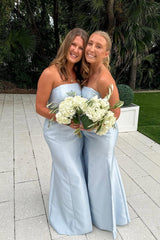 Light Blue Strapless Satin Sheath Long Prom Dress