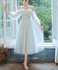 Light Blue Tea Length Party Dress with Puffy Sleeves, Charming Blue Formal Dresses