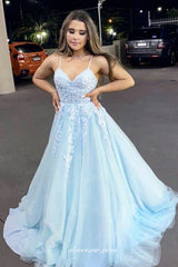 Light Blue Tulle Lace Applique V-neck Spagehtti Strap A-line Prom Dresses, CP0888