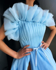Light Blue Tulle Long Prom Dresses, Sky Blue Tulle Long Formal Graduation Dresses