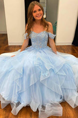 Light Blue Tulle Off-the-Shoulder Tiered A-Line Prom Evening Dress TP1194
