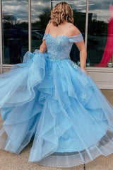 Light Blue Tulle Off-the-Shoulder Tiered A-Line Prom Evening Dress TP1194