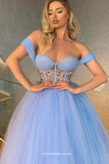 Light Blue Tulle Sweetheart Lace Applique A-line Ankle Length Prom Dresses, CP0992
