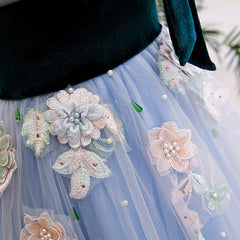 Light Blue Tulle with Flowers Lace Long Evening Dress Prom Dress, A-line Party Dresses