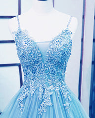 Light Blue V-neckline Lace Prom Dress with Corset Back, Light Blue Long Evening Dresses