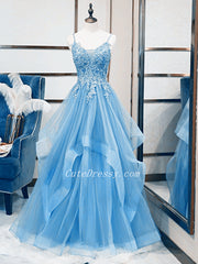 Light Blue V-neckline Lace Prom Dress with Corset Back, Light Blue Long Evening Dresses