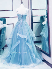 Light Blue V-neckline Lace Prom Dress with Corset Back, Light Blue Long Evening Dresses