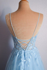 Light Blue V Neck Appliques Long Prom Dress Evening Dress  TP1227