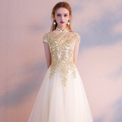 Light Champagne Cute Tulle High Neckline with Gold Lace, Lovely Long Party Dresses Formal Dresses