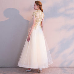 Light Champagne Cute Tulle High Neckline with Gold Lace, Lovely Long Party Dresses Formal Dresses