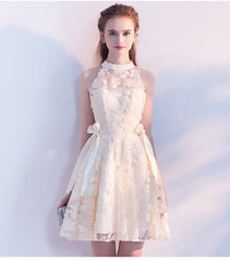 Light Champagne Lace Knee Length Halter Party Dresses, Short Lace Homecoming Dresses