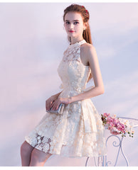Light Champagne Lace Knee Length Halter Party Dresses, Short Lace Homecoming Dresses