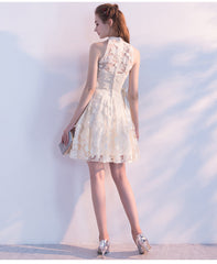 Light Champagne Lace Knee Length Halter Party Dresses, Short Lace Homecoming Dresses
