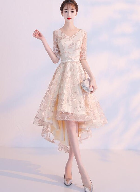 Light Champagne Lovely Lace High Low Homecoming Dress, New Short Prom Dress