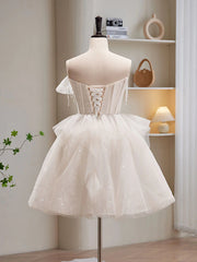 Light Champagne Short Tulle Prom Dresses, Short Light Champagne Formal Graduation Dresses