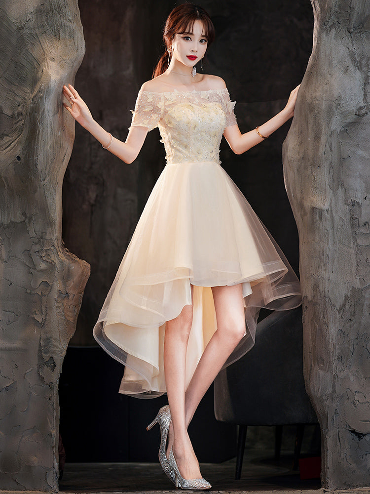 Light Champagne Tulle Short Sleeves High Low Homecoming Dress, Short Party Dress Prom Dress