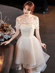 Light Champagne Tulle Short Sleeves High Low Homecoming Dress, Short Party Dress Prom Dress
