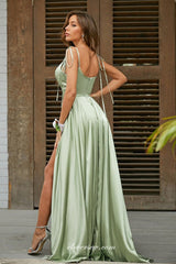 Light Green Satin Sleeveless A-line High Slit Charming Prom Dresses, CP1058