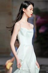 Light Green Shiny Satin Beading Spaghetti Straps A-line Prom Dresses, CP1035