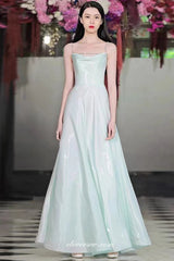 Light Green Shiny Satin Beading Spaghetti Straps A-line Prom Dresses, CP1035