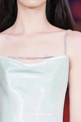 Light Green Shiny Satin Beading Spaghetti Straps A-line Prom Dresses, CP1035