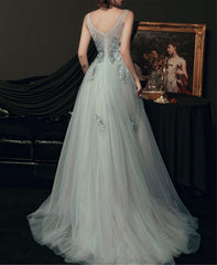 Light Green Tulle V-neckline Long Party Dress, Green Evening Dresses Party Dresses