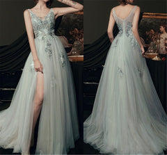 Light Green Tulle V-neckline Long Party Dress, Green Evening Dresses Party Dresses