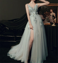 Light Green Tulle V-neckline Long Party Dress, Green Evening Dresses Party Dresses