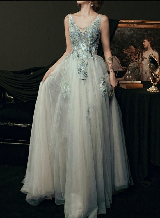 Light Green Tulle V-neckline Long Party Dress, Green Evening Dresses Party Dresses